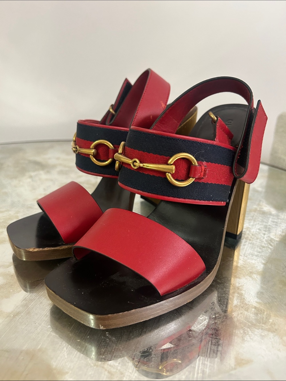 Gucci Red Leather and Navy Web Horsebit Sandals - Picture 2 of 7